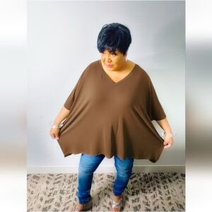 Zenana Mocha Brown Oversized V-Neck Poncho Top | Flowy Plus Size Tunic S–3X